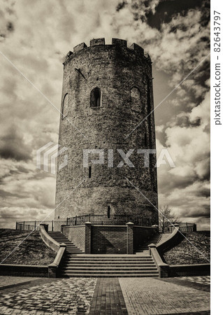 Kamenets tower in black and white style with cloudy sky on background 82643797