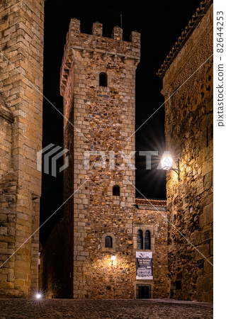Tower of the Las Ciguenas Palace in Caceres at night, Extremadura, Spain 82644253