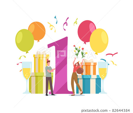 Young Man and Woman Anniversary Party Celebration. Loving Couple Male and Female Characters Celebrate One Year Young Man and Woman Anniversary Party Celebration. Loving Couple Male and Female Characters Celebrate One Year 82644384