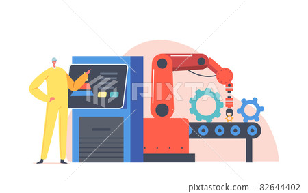 Remote Control on Plant, Conveyor Belt Smart Factory Workflow. Worker Character Control Robot Hand Work on Assemble Line Remote Control on Plant, Conveyor Belt Smart Factory Workflow. Worker Character Control Robot Hand Work on Assemble Line 82644402