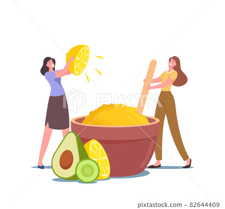 Tiny Female Characters Making Beauty Product in Huge Bowl for Skin Whitening of Lemon Juice, Avocado and Aroma Oils Tiny Female Characters Making Beauty Product in Huge Bowl for Skin Whitening of Lemon Juice, Avocado and Aroma Oils 82644409