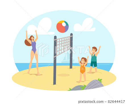 Family Leisure, Vacation. Mother and Children Playing Beach Volleyball on Sea Shore. Happy Characters Summer Competition Family Leisure, Vacation. Mother and Children Playing Beach Volleyball on Sea Shore. Happy Characters Summer Competition 82644417
