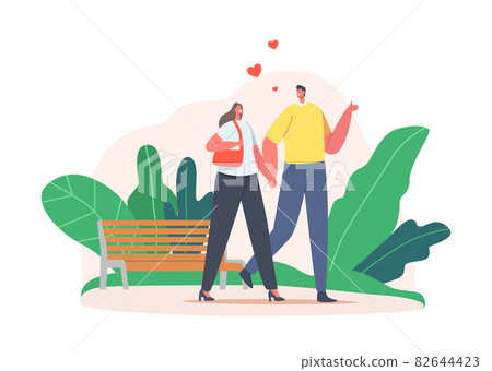 Loving Couple Male Female Characters Dating in City Park. Young Man and Woman Holding Hands Walking Together on Street 82644423
