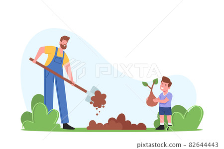 Farmers or Cottagers Working in Garden. Father Digging Soil, Son Planting Sprout to Ground, Family Care of Trees Farmers or Cottagers Working in Garden. Father Digging Soil, Son Planting Sprout to Ground, Family Care of Trees 82644443