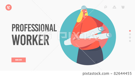Professional Worker Landing Page Template. Female Architect, Engineer or Foreman Character with Blueprint Rolls Professional Worker Landing Page Template. Female Architect, Engineer or Foreman Character with Blueprint Rolls 82644455