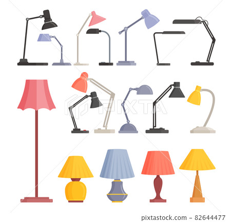 Set Table and Floor Work Lamps, Colored Metal Desk Bulbs of Modern Design Isolated on White Background Set Table and Floor Work Lamps, Colored Metal Desk Bulbs of Modern Design Isolated on White Background 82644477