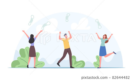 Happy Characters Tossing Up in Air Medical Masks Celebrate End of Coronavirus Pandemic and Quarantine Regime Isolation Happy Characters Tossing Up in Air Medical Masks Celebrate End of Coronavirus Pandemic and Quarantine Regime Isolation 82644482