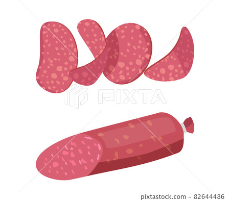 Salami or Pepperoni Smoked Sausage, Premium Meat Products Half and Sliced Kielbasa. Delicatessen Production, Meal 82644486