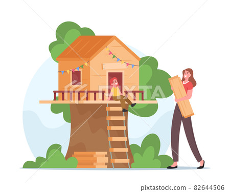 Happy Mother Building Tree House for Little Daughter. Smiling Female Character Hold Wooden Planks in Hands, Family Fun 82644506
