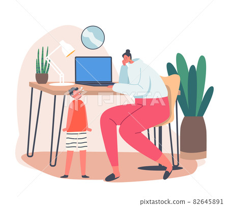 Business Mom Work from Home with Little Child Crying near Desk. Workplace. Young Mother Work on Laptop with Baby Business Mom Work from Home with Little Child Crying near Desk. Workplace. Young Mother Work on Laptop with Baby 82645891