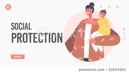 Social Protection Landing Page Template. Happy Young Mother Holding Little Child on Hands. Family Support, Maternity 82645903