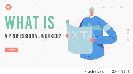 What is Professional Worker Landing Page Template. Industrial Employee in Uniform with Plan. Gas Extraction Industry 82645908