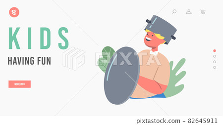 Kids Having Fun Landing Page Template. Kid Making Mess, Little Boy Wear Cooking Pan on Head like a Helmet Kids Having Fun Landing Page Template. Kid Making Mess, Little Boy Wear Cooking Pan on Head like a Helmet 82645911