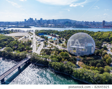 Aerial view of Montreal Biosphere in summer sunny day. Jean-Drapeau park, Saint Helens Island. A museum dedicated to the environment. 82645925