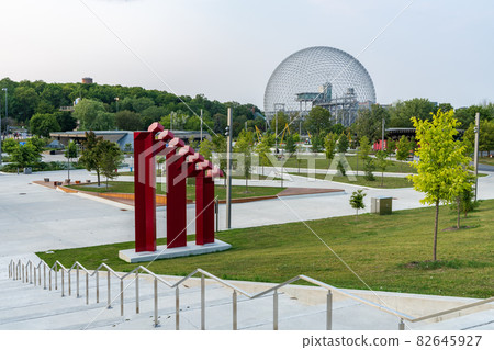 Montreal, Quebec, Canada - August 30 2021 : The Espace 67 Square outside the Jean-Drapeau park subway station. 82645927