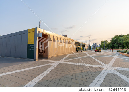 Montreal, Quebec, Canada - August 30 2021 : Jean-Drapeau park public washroom, Espace 67 Square. Montreal, Quebec, Canada - August 30 2021 : Jean-Drapeau park public washroom, Espace 67 Square. 82645928