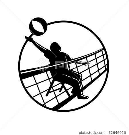 Senior Chair Volleyball Player Spiking the Ball Over Net Circle Mascot Senior Chair Volleyball Player Spiking the Ball Over Net Circle Mascot 82646026