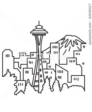 Seattle City Downtown Skyline with Space Needle and Mount Rainier Washington State USA Mono Line Art Poster Seattle City Downtown Skyline with Space Needle and Mount Rainier Washington State USA Mono Line Art Poster 82646027