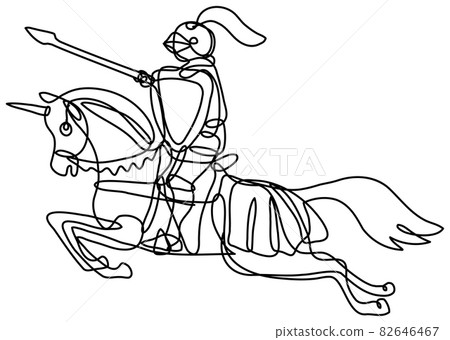 Medieval Knight With Lance and Shield Riding Stead Continuous Line Drawing 82646467