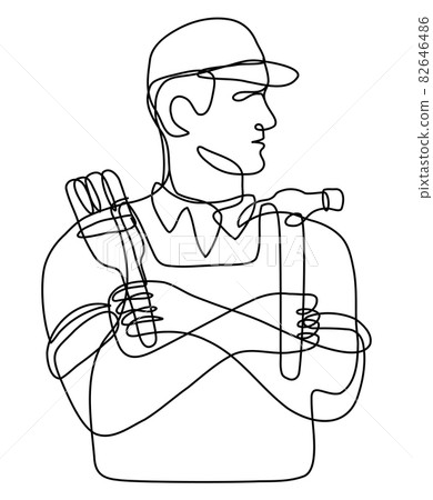 Handyman Holding a Hammer and Paint Brush with Arms Crossed Continuous Line Drawing 82646486