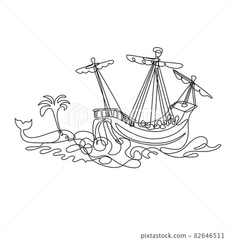 Galleon or Tall Ship Sailing with Whale Continuous Line Drawing Galleon or Tall Ship Sailing with Whale Continuous Line Drawing 82646511
