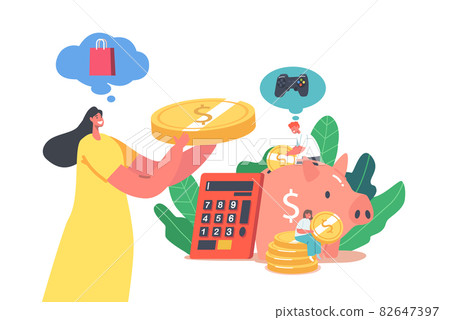 Financial Profit, Universal Basic Income, Earn Salary and Wealth Concept. Tiny Female Character Put Coin into Piggy Bank Financial Profit, Universal Basic Income, Earn Salary and Wealth Concept. Tiny Female Character Put Coin into Piggy Bank 82647397