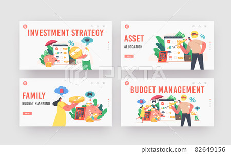 Budget Management Landing Page Template Set. Family People Earn and Save Money, Tiny Characters Collect Coins Budget Management Landing Page Template Set. Family People Earn and Save Money, Tiny Characters Collect Coins 82649156