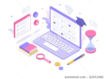 Online Testing Background Vector Illustration With Checklist, Taking Exam, Choosing Answer, Form, E-learning and Education Concept 82652886