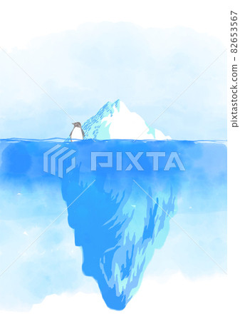 Icebergs and penguins floating in the sea 82653567