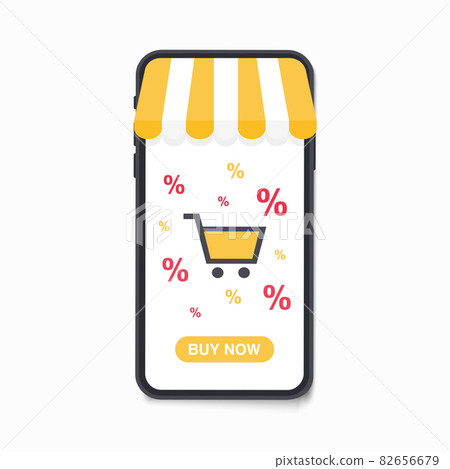Online shopping background, with illustrations of mobile phones and simple shopping bags. Vector 82656679