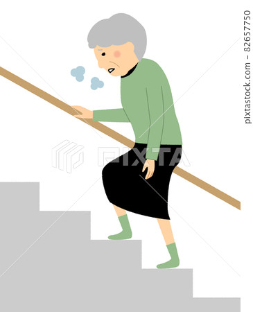 Senior woman short of breath up the stairs Senior woman short of breath up the stairs 82657750