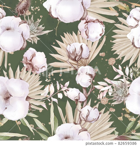 Cotton flowers seamless pattern and branches. Watercolor illustration 82659386