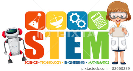 Scientist girl cartoon character with STEM logo banner 82660289