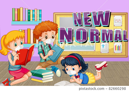 New Normal with children wearing mask in library 82660298