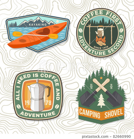 Set of travel inspirational quotes. Vector Concept for shirt or logo, print, stamp or tee. Vintage design with retro camping tea kettle, kayak, camping tent, shovel, campfire silhouette Camping quote 82660990