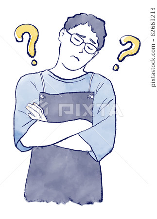亞洲男人戴眼鏡，圍裙彎脖子，水彩手繪上半身圖）問號，我不知道，哈特納馬克 82661213
