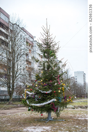 Christmas, new year green tree decorated with glass balls 82661336