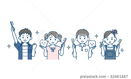 Energetic children brushing their teeth Elementary school students Challenge with a toothbrush Illustration material 82661887