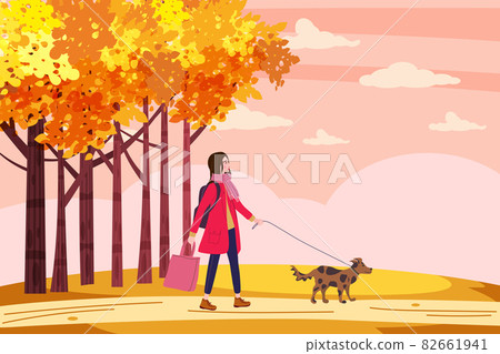 Young woman walks the dog in the autumn city park. Trendy fashionable look with pet, fall mood. Vector illustration banner Young woman walks the dog in the autumn city park. Trendy fashionable look with pet, fall mood. Vector illustration banner 82661941