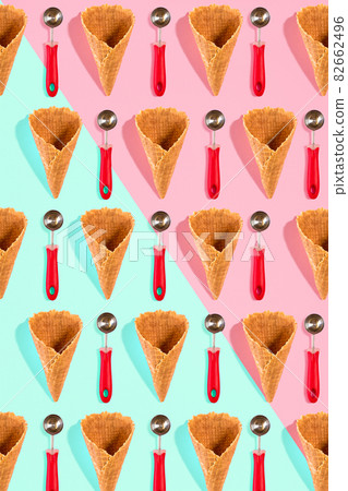 Ice cream cones pattern. Turquoise and pink background. Top view. Flat lay 82662496