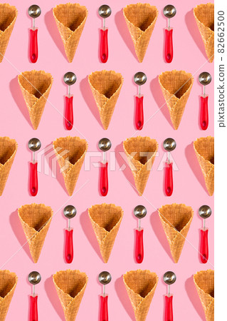 Ice cream cones pattern. Pink background. Top view. Flat lay 82662500