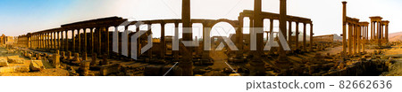 Panorama of Palmyra columns, Decumanus, Tetrapylon, ancient city, destroyed 82662636