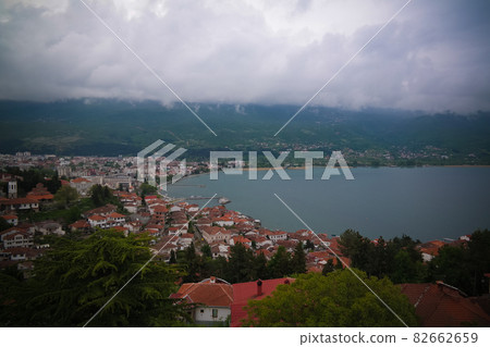 Panoramic aerial view to Ohrid lake and city from Samuels Fortress, North Macedonia 82662659
