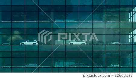 Luxury car parked at Multistory car park building. Multi-level parking garage. Indoor car parking lot. Glass building with green trees shadow of car park. Sustainable building. Eco-friendly building. 82663182