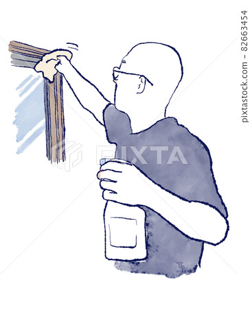 Asian man with skinhead cleaning window frame while holding a spray, upper body watercolor hand-painted illustration 82663454