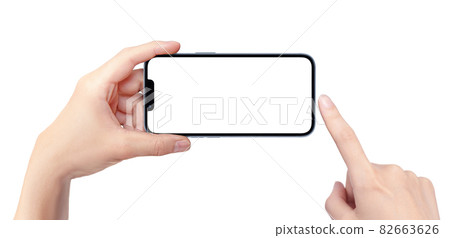 Hand holding and operating the smartphone in the horizontal position Hand holding and operating the smartphone in the horizontal position 82663626