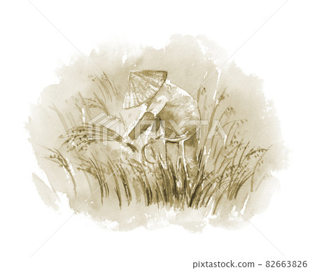 Sepia-colored illustration of a rice harvester 82663826
