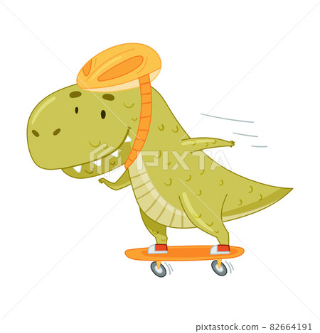 Cute adorable dinosaur animal riding skateboard. Lovely dino for nursery, t-shirt, book, print, poster design cartoon vector illustration Cute adorable dinosaur animal riding skateboard. Lovely dino for nursery, t-shirt, book, print, poster design cartoon vector illustration 82664191