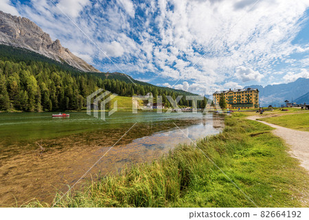 Lake Misurina and Dolomites - Mountain Range of Cadini di Misurina and Sorapiss Lake Misurina and Dolomites - Mountain Range of Cadini di Misurina and Sorapiss 82664192