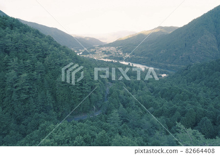 Evening view of the Kiso River Drone aerial view 82664408